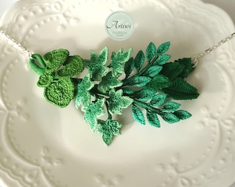 Micro crochet leaves leaf, handmade necklace with green leaves, micro crochet jewelery, gift, spring summer