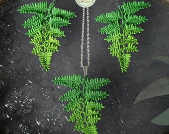 Micro crochet fern, handmade drop earrings, pendant, micro crochet jewelery with fern leaves, gift, summer