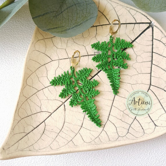 Micro crochet fern, bracelet, handmade drop earrings, pendant, micro crochet jewellery, gift, summer