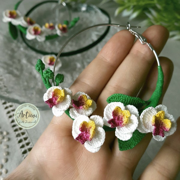 Micro gehaakte bloemen orchidee orchideeën, handgemaakte ringoorbellen, oorbellen met bloemen, choker, micro gehaakte sieraden, cadeau, Valentijnsdag