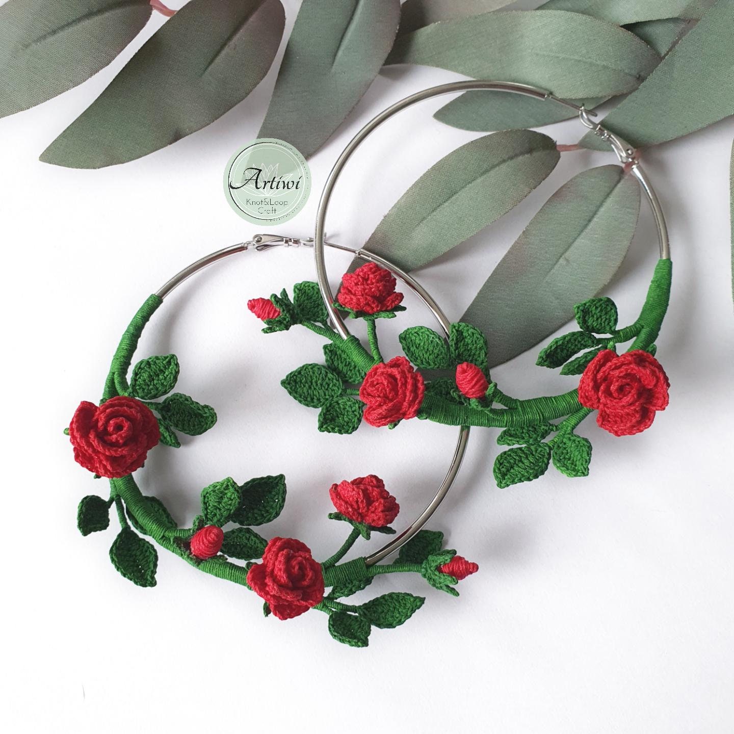 Red Roses Handmade Design Micro Crochet Flowers Rose, Red Roses, Handmade Ring Earrings, Flowers ...