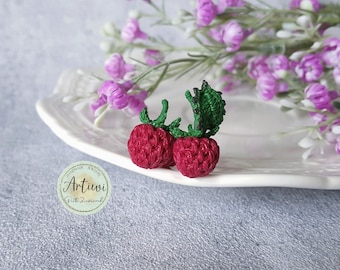 Micro crochet fruit raspberry,handmade stud earrings with fruits, micro crochet jewelery, gift, spring summer