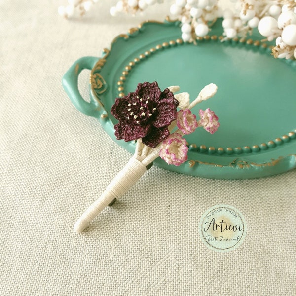 Micro crochet fleurs chocolat cosmos broche, fait main, fleurs, accessoires micro crochet, cadeau, mariage, petit bouquet de fleurs, printemps