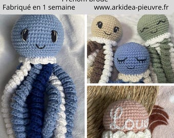 Crocheted octopus soft toy, 20 or 30cm - 100% cotton - Personalized baby gift - Embroidered name, choice of colors