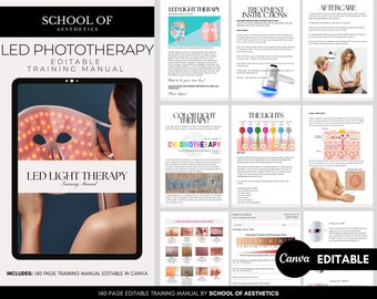 LED Phototherapy Training Manual, LED Lights Training Course, LED Facial Tutorial, Step by Step, Theory Lessons, Editable Canva eBook