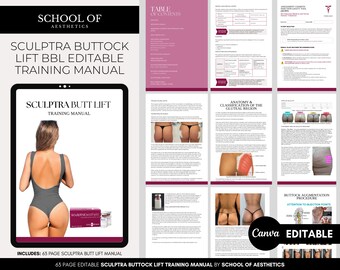 Sculptra Butt Lift Training Manual, BBL Injections Guide, Poly-L-lactic Acid, PLLA, Aesthetics Nurse Training, Editable in Canva