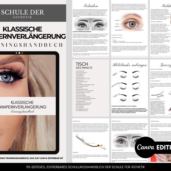 DEUTSCHES Schulungshandbuch für klassische Wimpernverlängerungen, Wimpernhandbuch, Leitfaden für Ausbilder, Studenten, druckbar, sofortiger Download, Canva bearbeiten