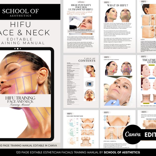 HIFU Training Manual for Face and Neck Treatments, HIFU Theory, HIFU Steps, High Intensity Frequency Ultrasound, Training eBook, Editable