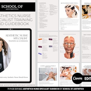 Aesthetic Nurse Specialist Guidebook, Training Manual, Botox, Fillers, Lasers, Clinical Skincare, Sclerotherapy, Editable in Canva
