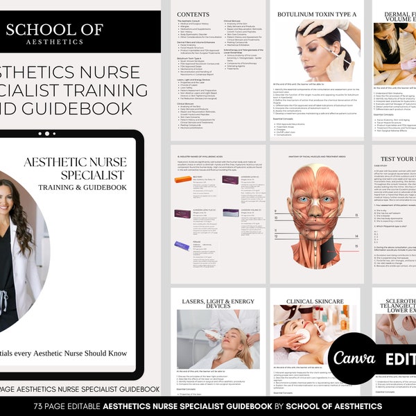 Aesthetic Nurse Specialist Guidebook, Training Manual, Botox, Fillers, Lasers, Clinical Skincare, Sclerotherapy, Editable in Canva
