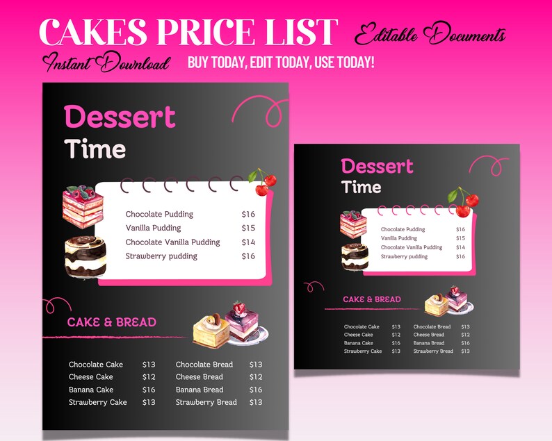 Cakes Bakery Menu Bakery Price List Template Bakery - Etsy