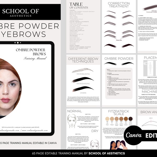 Ombre Powder Eyebrows, Semi Permanent Make-up Training Manual, Guide for Instructors, Students, Printable, Instant Download, Edit in Canva