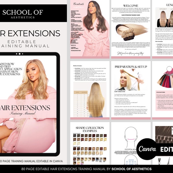 Hair Extensions Training Manual, Complete Guide, All Hair Extension Systems, Professional Hair Extensions Training Guide, Editable in Canva