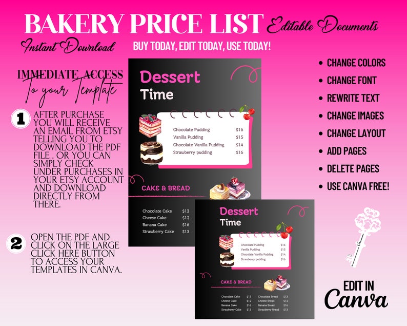 Cakes Bakery Menu Bakery Price List Template Bakery - Etsy