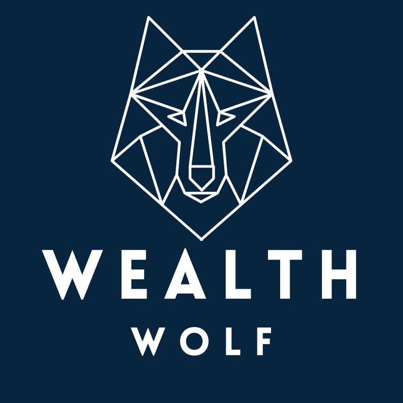 May include: A white geometric wolf head logo on a dark blue background with the text "WEALTH WOLF" below.