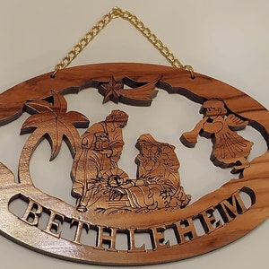 Groot olijfhout kerstornament, gemaakt in Bethlehem, Heilig Land!