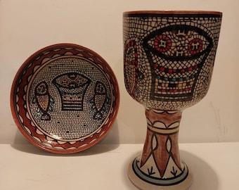 A Set of Ceramic Chalice and Plate , Depicting the Loaves & Fishes , Hand made in Hebron , Holy Land !