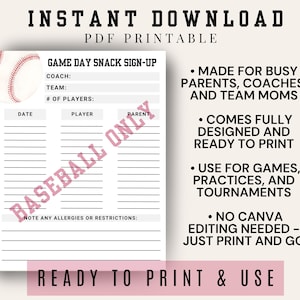 Op de afbeelding: Een afdrukbaar PDF-document met een honkbalthema. Het document bevat velden voor een aanmelding voor een snack op de wedstrijddag, met secties voor coach, team en speler. Tekst bevat "Direct downloaden" en "Klaar om te printen en te gebruiken."