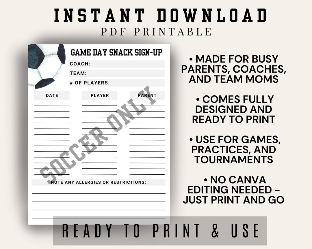 Soccer Snack Sign-up Sheet Printable | Team Snack Schedule | Youth ...