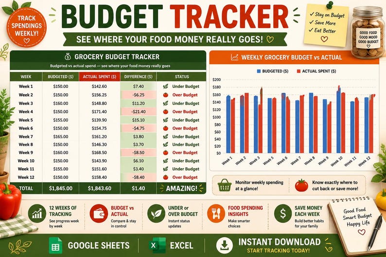 Grocery Budget Tracker Spreadsheet: Weekly Meal Planner & Grocery List ...