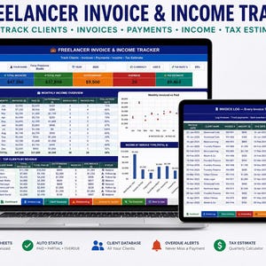 Śledzenie faktur dla freelancerów Arkusze Google Excel | Śledzenie płatności klientów | Śledzenie dochodów | Rejestr niezapłaconych faktur | Szacowanie podatku