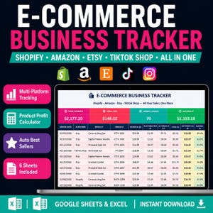 Può includere: Un foglio di calcolo per il monitoraggio delle attività di e-commerce visualizzato su uno schermo di un portatile. L'interfaccia include colonne per data, piattaforma, prodotto, ID ordine, ricavi, commissioni, spese e profitti netti.
