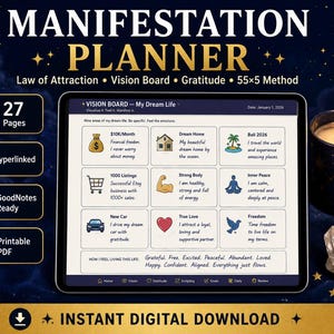 May include: A digital manifestation planner displayed on a tablet screen featuring a vision board with nine goal categories, including financial freedom, dream home, and travel. The interface includes navigation icons and text labels like 27 Pages, Hyperlinked, GoodNotes Ready, and Printable PDF. The background is dark blue with a crescent moon, a lit candle, and a crystal.