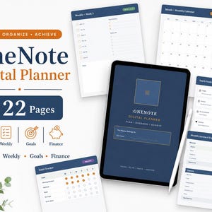 May include: A digital planner for OneNote featuring 22 pages including monthly, weekly, goal, and finance trackers. The display shows a dark blue cover page with gold text, alongside various white layout templates for scheduling, habit tracking, and expense management.