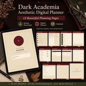 Puede incluir: Una agenda digital mostrada en una pantalla de tableta con fondo crema, que presenta un círculo rojo oscuro, el texto The Scholar's Planner y doce diseños de páginas de planificación que incluyen listas de lectura, agendas y un calendario.