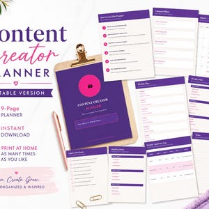 May include: A Content Creator Planner printable set featuring purple and pink branding. The collection includes a cover page on a clipboard, a weekly plan, a content calendar, an analytics log, a hashtag bank, and a caption idea bank.