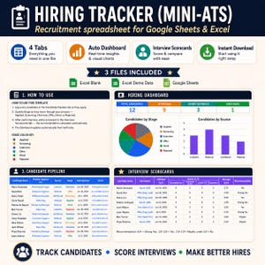 May include: A digital hiring tracker spreadsheet template for Google Sheets and Excel, featuring a dashboard with pie and bar charts, a candidate pipeline table, and interview scorecards. The layout includes instructions, status tracking, and data visualization for recruitment management.