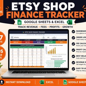 May include: A digital Etsy shop finance tracker displayed on a laptop screen, featuring Google Sheets and Excel compatibility. The interface shows tables for revenue, fees, refunds, and net profit, alongside a bar chart for monthly performance data.