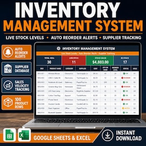Inventory Management Spreadsheet Google Sheets Excel | Stock Tracker | Supplier Database | Reorder Alerts | Instant Download