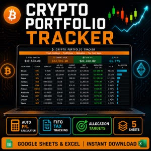 May include: A digital crypto portfolio tracker displayed on a laptop screen, featuring a detailed spreadsheet with columns for coin, ticker, quantity, price, and profit. The interface includes an orange header and a dark background with neon icons.