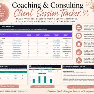 Coaching Client Session Tracker Spreadsheet, Package Renewal & Revenue Excel Template