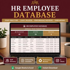 May include: A laptop screen displaying an HR Employee Database spreadsheet with columns for employee name, ID, job title, department, email, phone, hire date, salary, and status. The interface includes summary boxes for total headcount, active, and on leave.