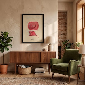 The image is a framed patent drawing of a red fire helmet, depicting the design and features of the helmet.