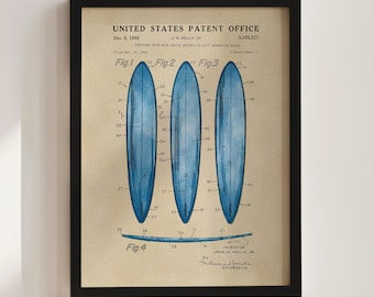 Blue Surfboard Patent Print (1966)