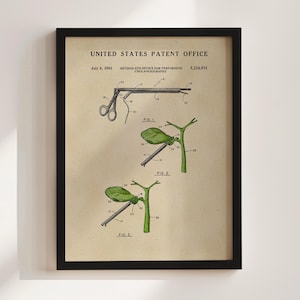May include: Framed patent print from the United States Patent Office, dated July 6, 1993. The print details a method and device for performing cholangiography, with diagrams of surgical tools and anatomical illustrations. The print is in a black frame.