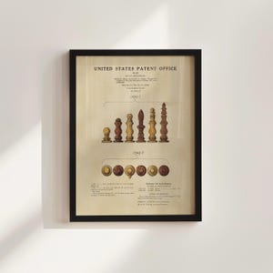 Chess Pieces Patent Framed Print, Chess Office Decor, Chess Gift for Him, Vintage Chess Poster, Watercolor Print, Gift for Dad