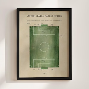 The image is a framed print depicting a patent application for a soccer field, with a title "United States Patent Office" at the top and a diagram of the field with dimensions and markings.