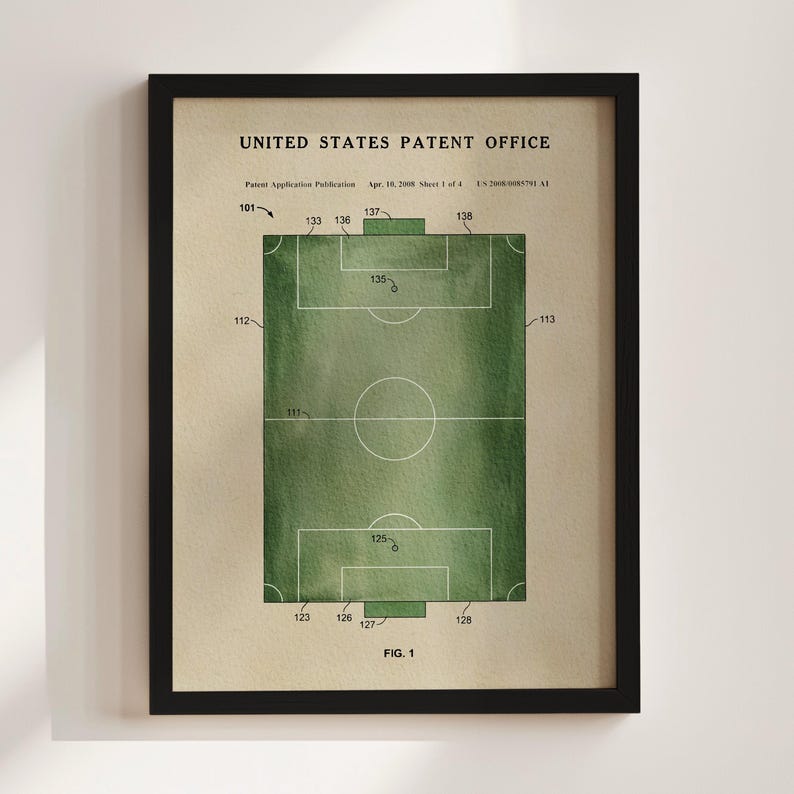 The image is a framed print depicting a patent application for a soccer field, with a title "United States Patent Office" at the top and a diagram of the field with dimensions and markings.