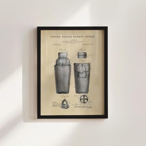 Impresión enmarcada de patente de coctelera, decoración de oficina de cócteles, regalo de cóctel para él, póster de cóctel vintage, impresión de acuarela, regalo para papá