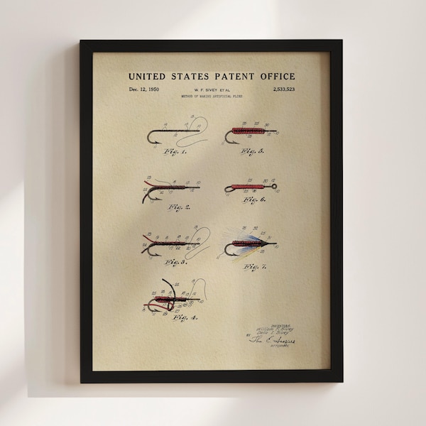 Impresión de patente de moscas para pesca con mosca (1950)