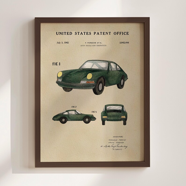 The image is a framed print of a United States patent office patent related to a Porsche car.