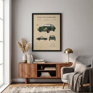The image is a framed print of a United States patent office patent related to a Porsche car.