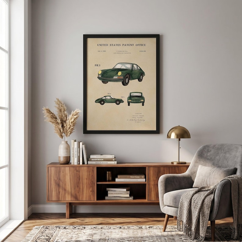 The image is a framed print of a United States patent office patent related to a Porsche car.