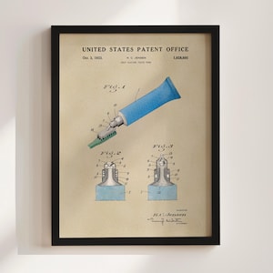 May include: Framed patent illustration of a self-closing toothpaste tube, dated October 3, 1933. The blue tube is depicted with a toothbrush, and detailed diagrams of the tube's mechanism are shown. The text "UNITED STATES PATENT OFFICE" is at the top.
