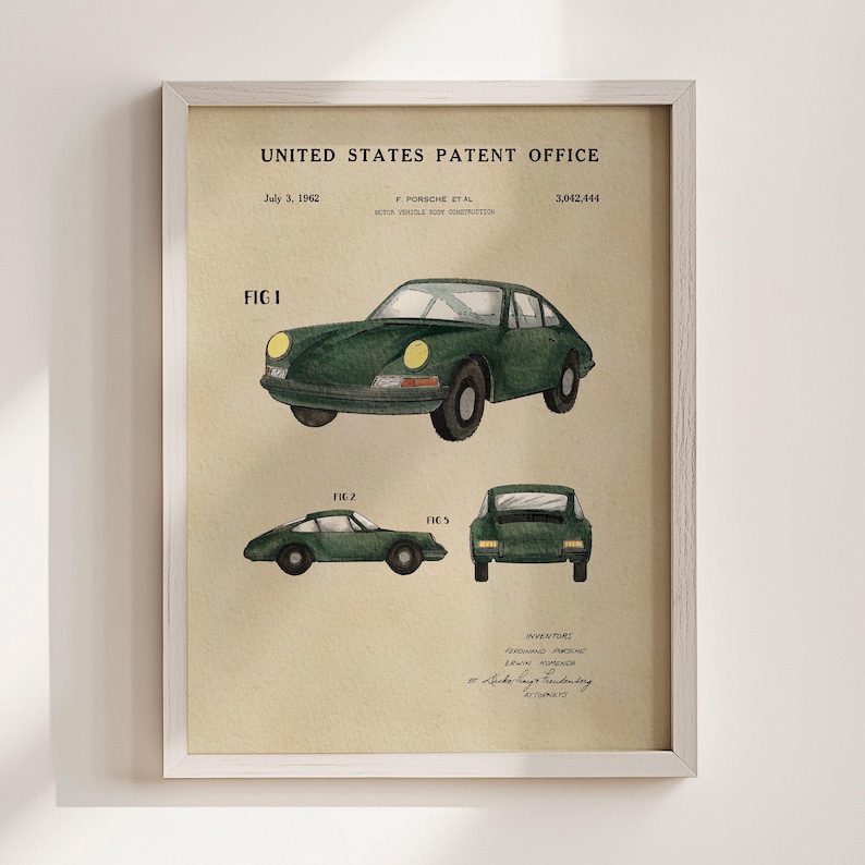 The image is a patent drawing of a green Porsche 911 car, depicting the car's design and features.
