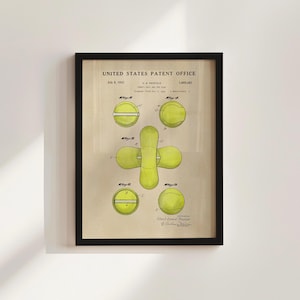 Vintage Tennis Ball Patent Framed Print, Tennis Office Decor, Tennis Gift for Him, Vintage Tennis Poster, Watercolor Print, Gift for Dad